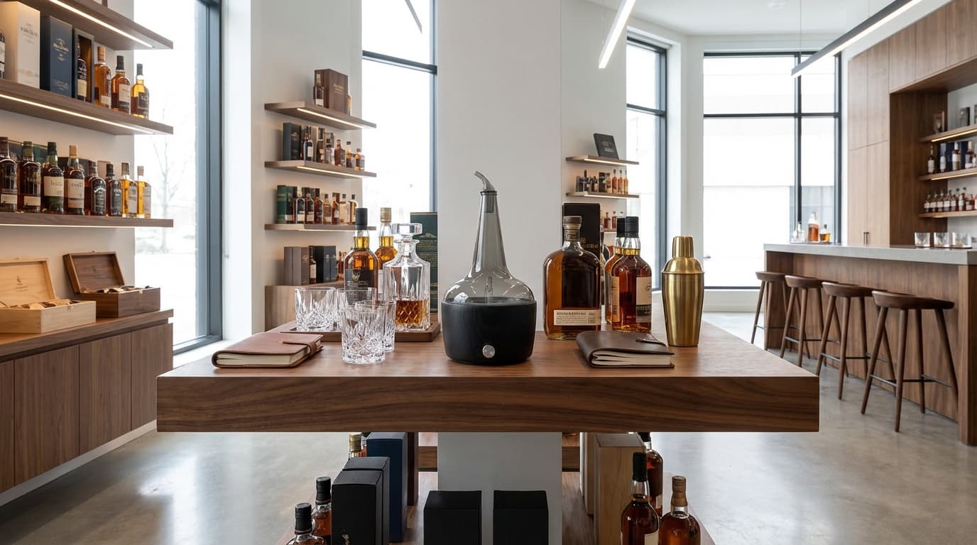 Premium whiskey gift display for distillery visitor centre merchandise
