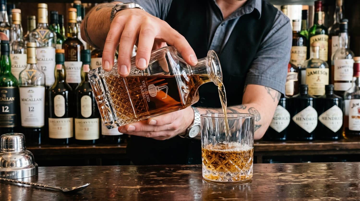 Branded glass decanter and barware for hotel bar service