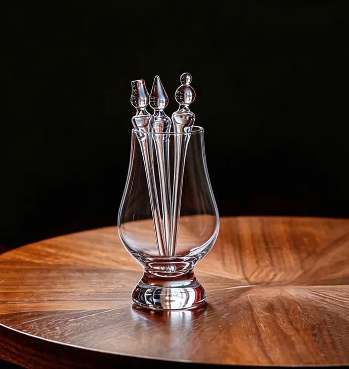Three borosilicate glass whiskey dropper styles in a Glencairn tasting glass Three borosilicate glass whiskey dropper styles in a Glencairn tasting glass