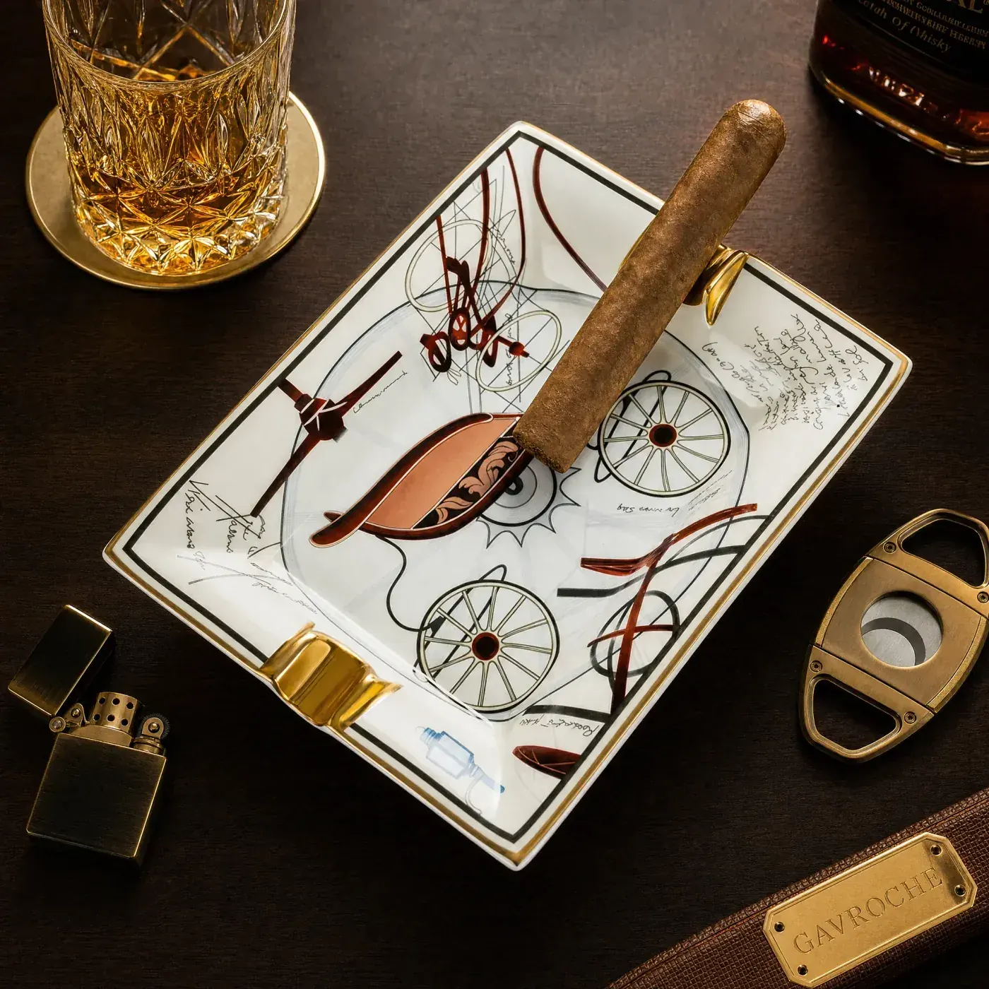 Cigar Ashtray — carriage sketch design White ceramic cigar ashtray with sketch artwork and gold rests for branded programmes