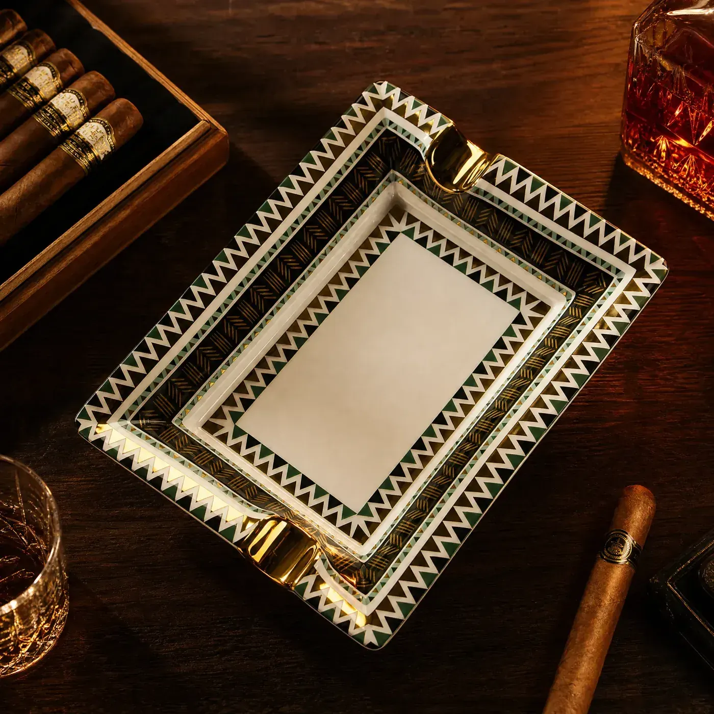 Cigar Ashtray — chevron green and gold Rectangular ceramic cigar ashtray with green and gold chevron pattern for gift sets
