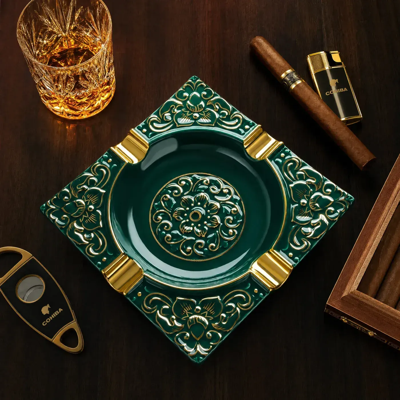 Cigar Ashtray — emerald floral gold Emerald square ceramic cigar ashtray with gold floral embossing for retail display