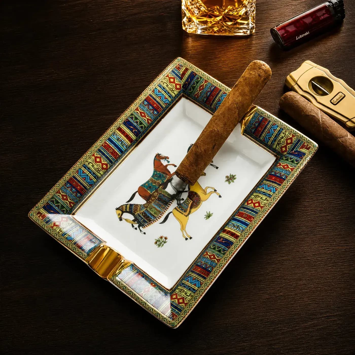 Cigar Ashtray — equestrian geometric design Rectangular ceramic cigar ashtray with equestrian motif and geometric rim for retail programmes