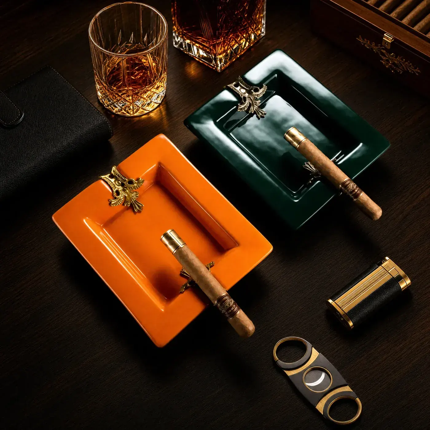 Cigar Ashtray — orange and green colourways Orange and green ceramic cigar ashtrays with crest rests for colourway programmes