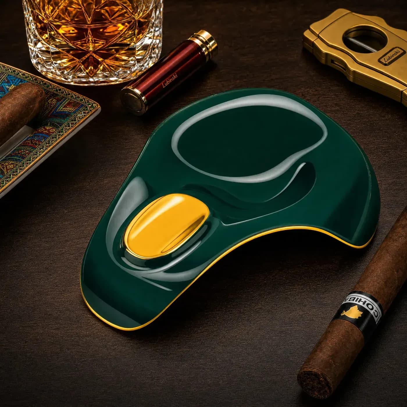 Cigar Ashtray — organic green and gold Forest-green ceramic cigar ashtray with gold rim for lounge service programmes