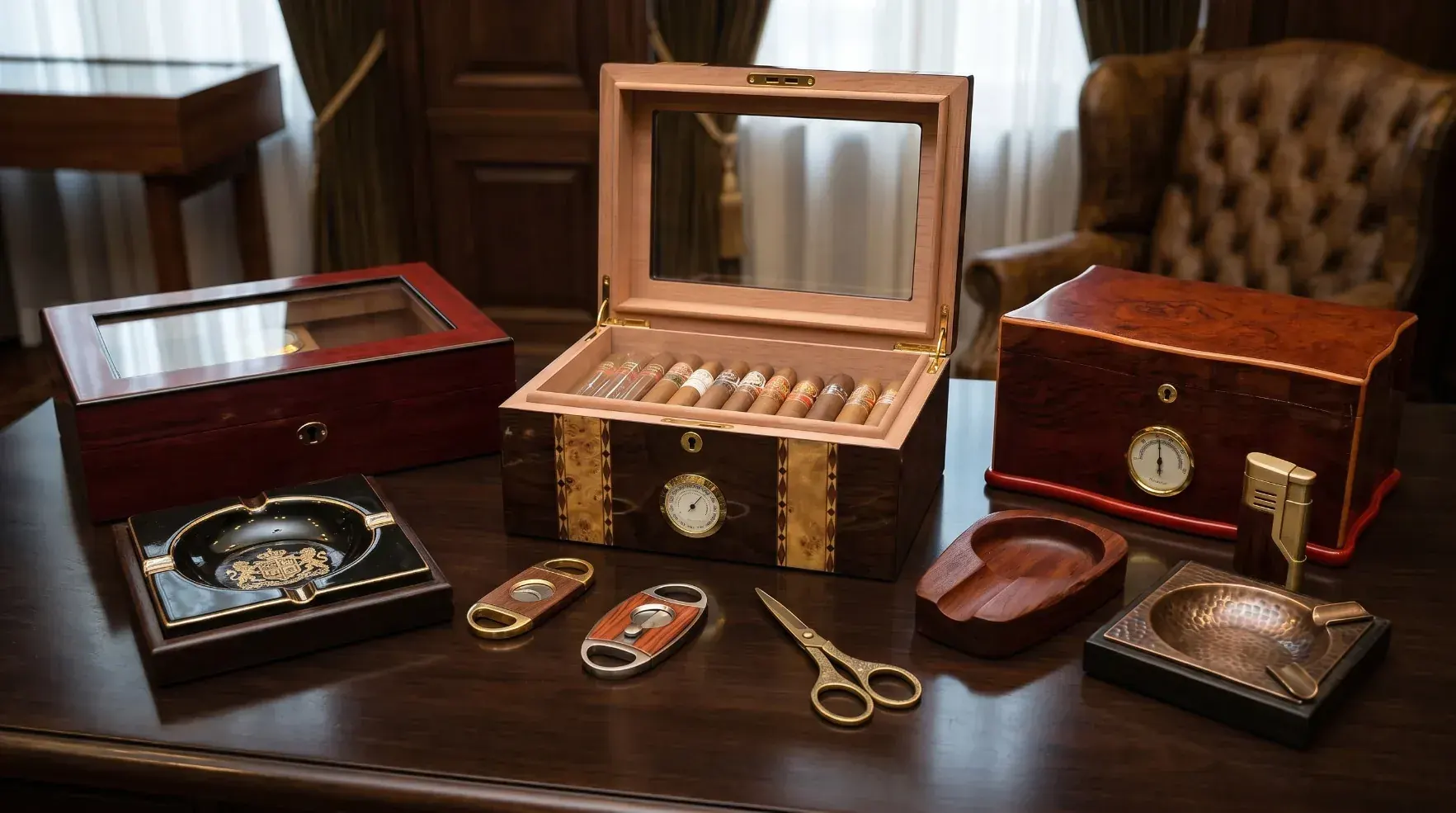 Assorted custom cigar humidors staged on a lounge desk for brand programmes Assorted custom cigar humidors staged on a lounge desk for brand programmes