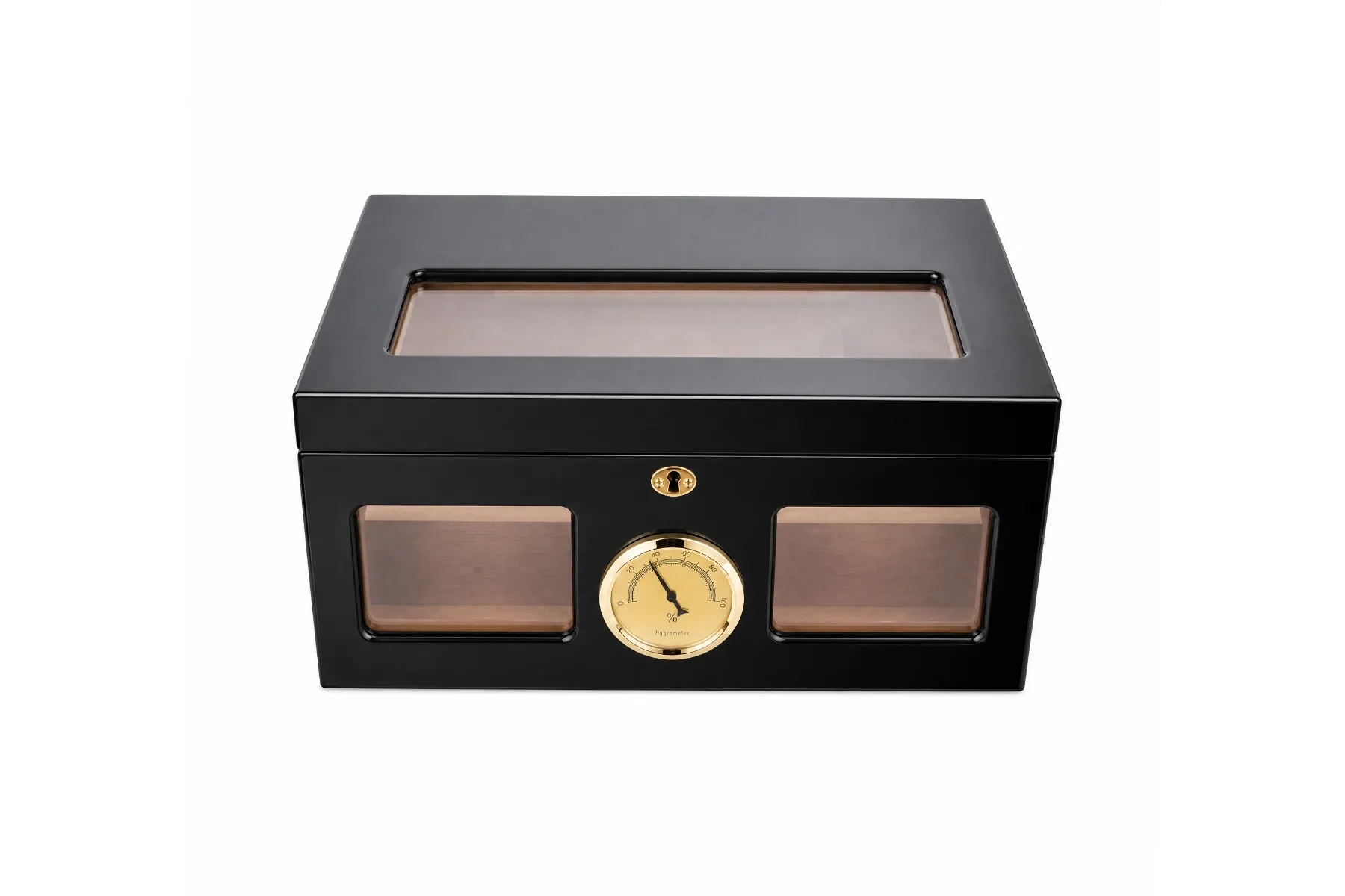 Cigar Humidor — black lacquer glass-window model Black lacquer cigar humidor with glass viewing panels and gold analog hygrometer