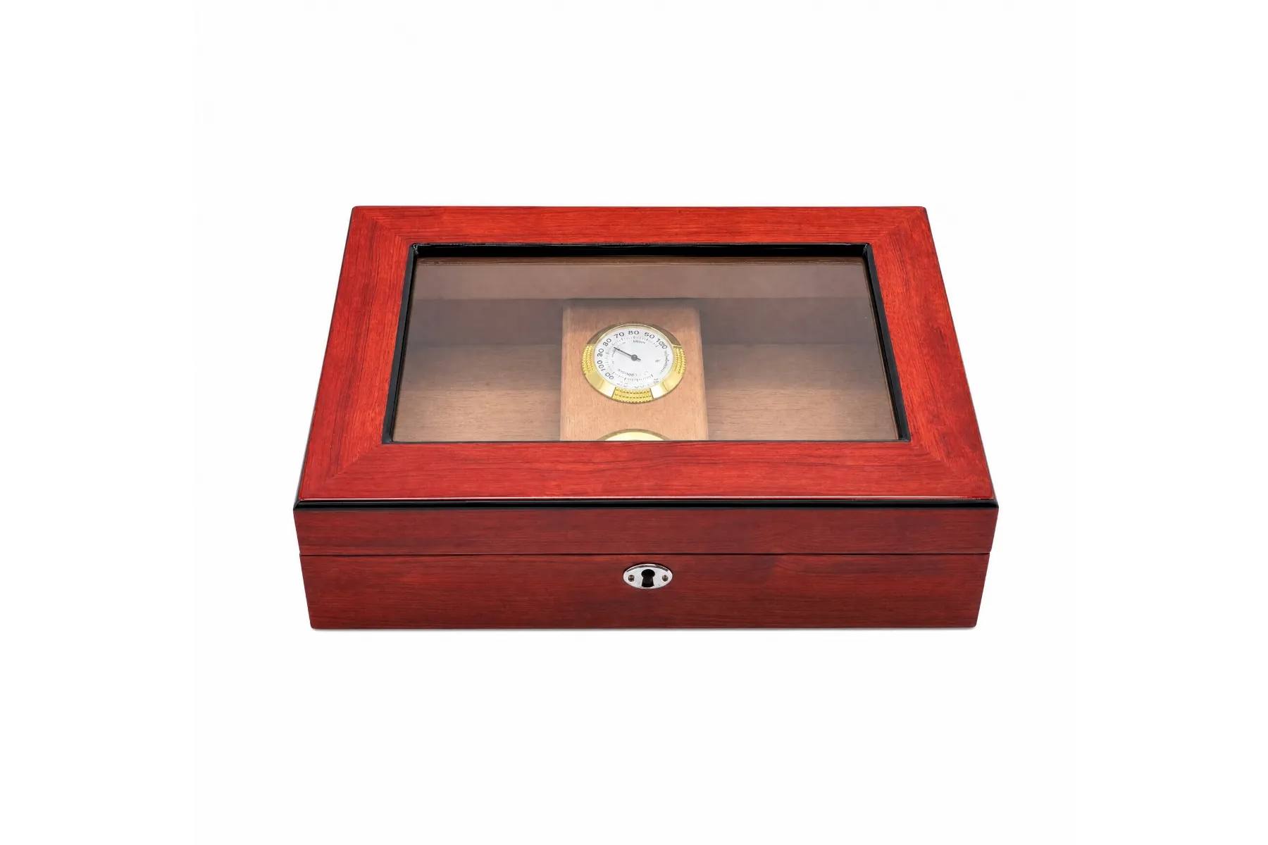 Cigar Humidor — cherry glass-lid model Cherry-finish cigar humidor with glass viewing lid and interior-mounted hygrometer
