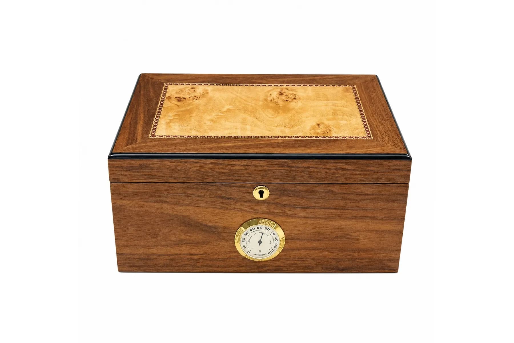 Cigar Humidor — dark hardwood burl inlay Dark hardwood cigar humidor with burl lid inlay, geometric marquetry, and analog hygrometer