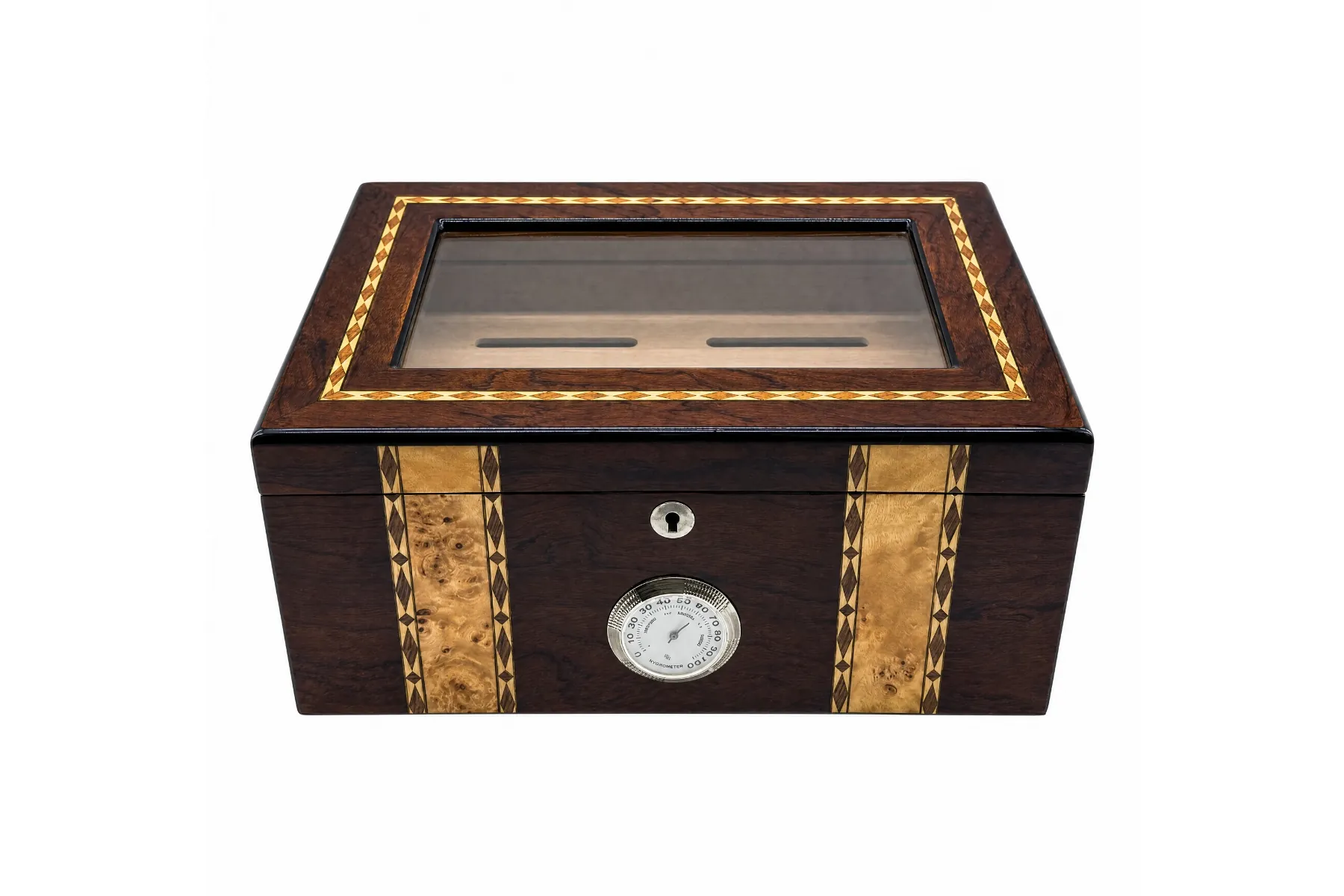 Cigar Humidor — dark wood diamond marquetry Dark wood cigar humidor with diamond marquetry border, burl front panels, and analog hygrometer