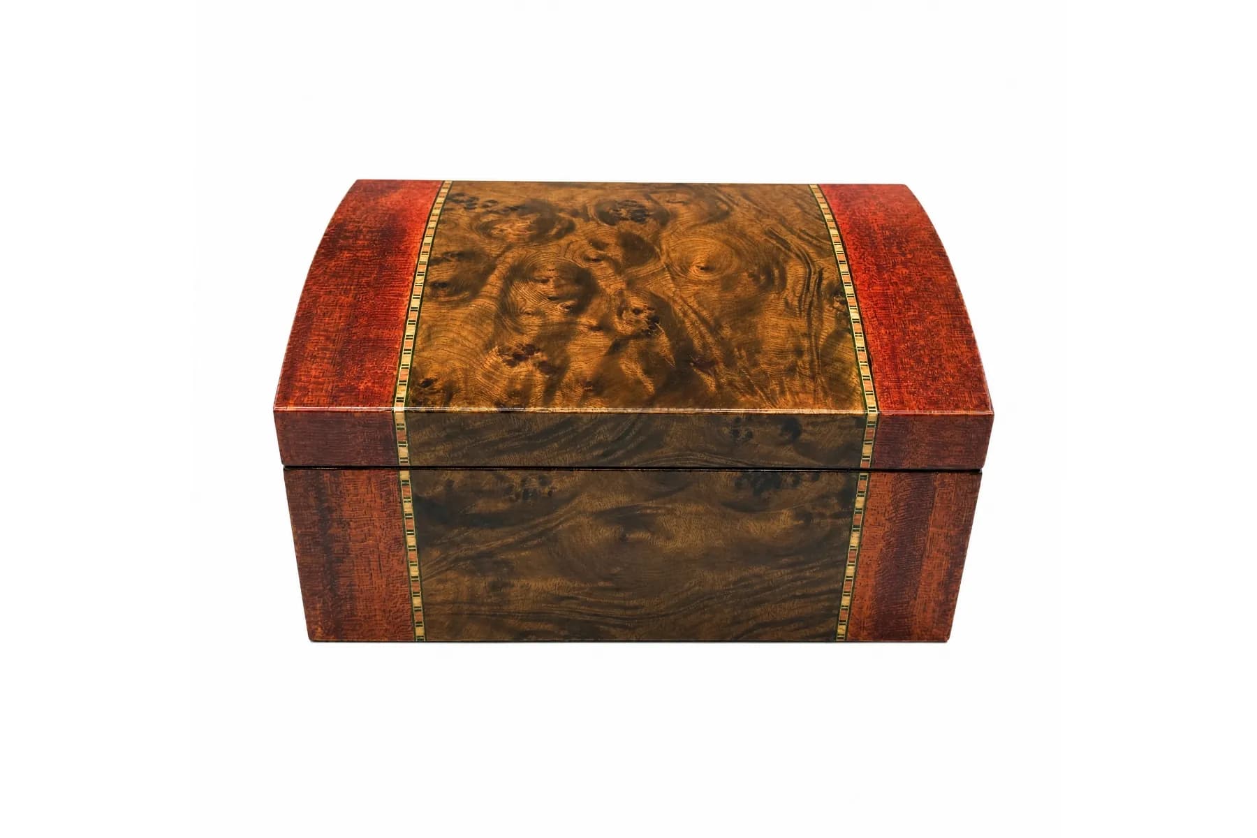 Cigar Humidor — domed burl and mahogany Domed burl wood cigar humidor with mahogany side panels and geometric inlay