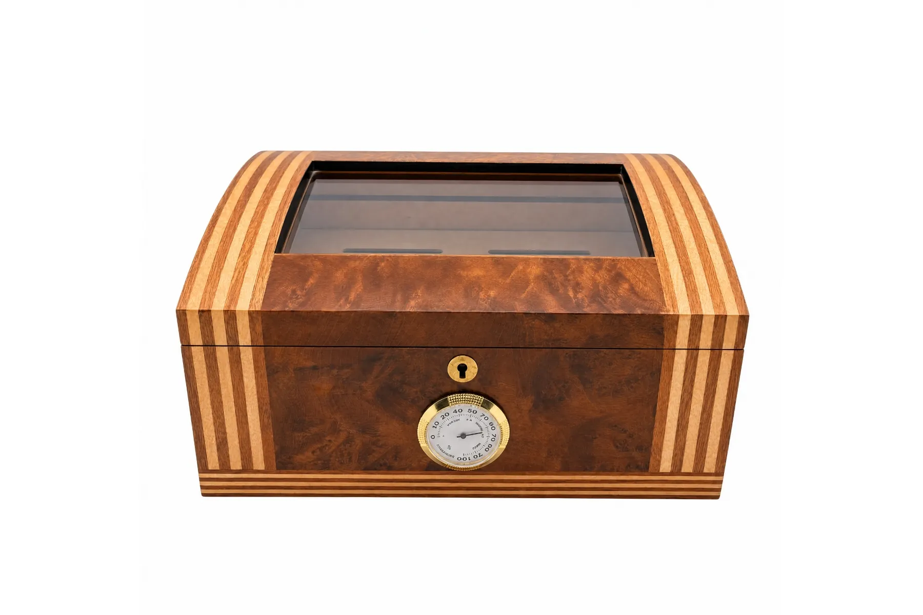 Cigar Humidor — domed burl with striped inlay Domed burl wood cigar humidor with glass lid, striped inlay, and analog hygrometer