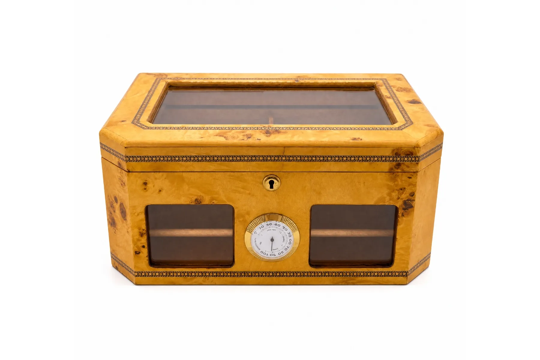 Cigar Humidor — honey burl glass-window model Honey burl wood cigar humidor with glass lid, front viewing windows, and analog hygrometer