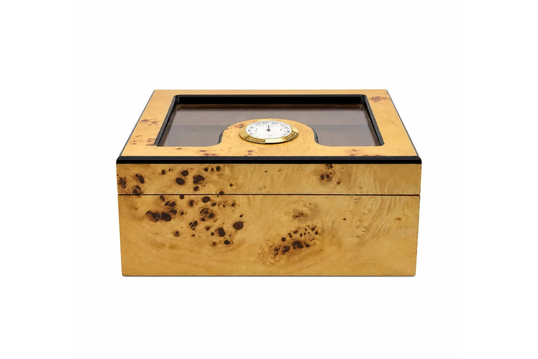 Cigar Humidor — light burl glass lid Light burl wood cigar humidor with glass viewing lid and gold analog hygrometer