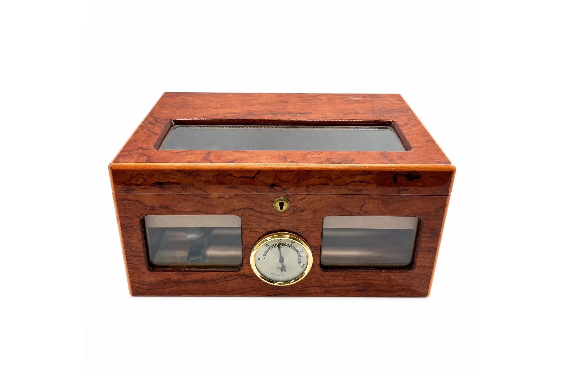 Cigar Humidor — mahogany glass-window model Mahogany cigar humidor with glass lid, front viewing windows, and analog hygrometer