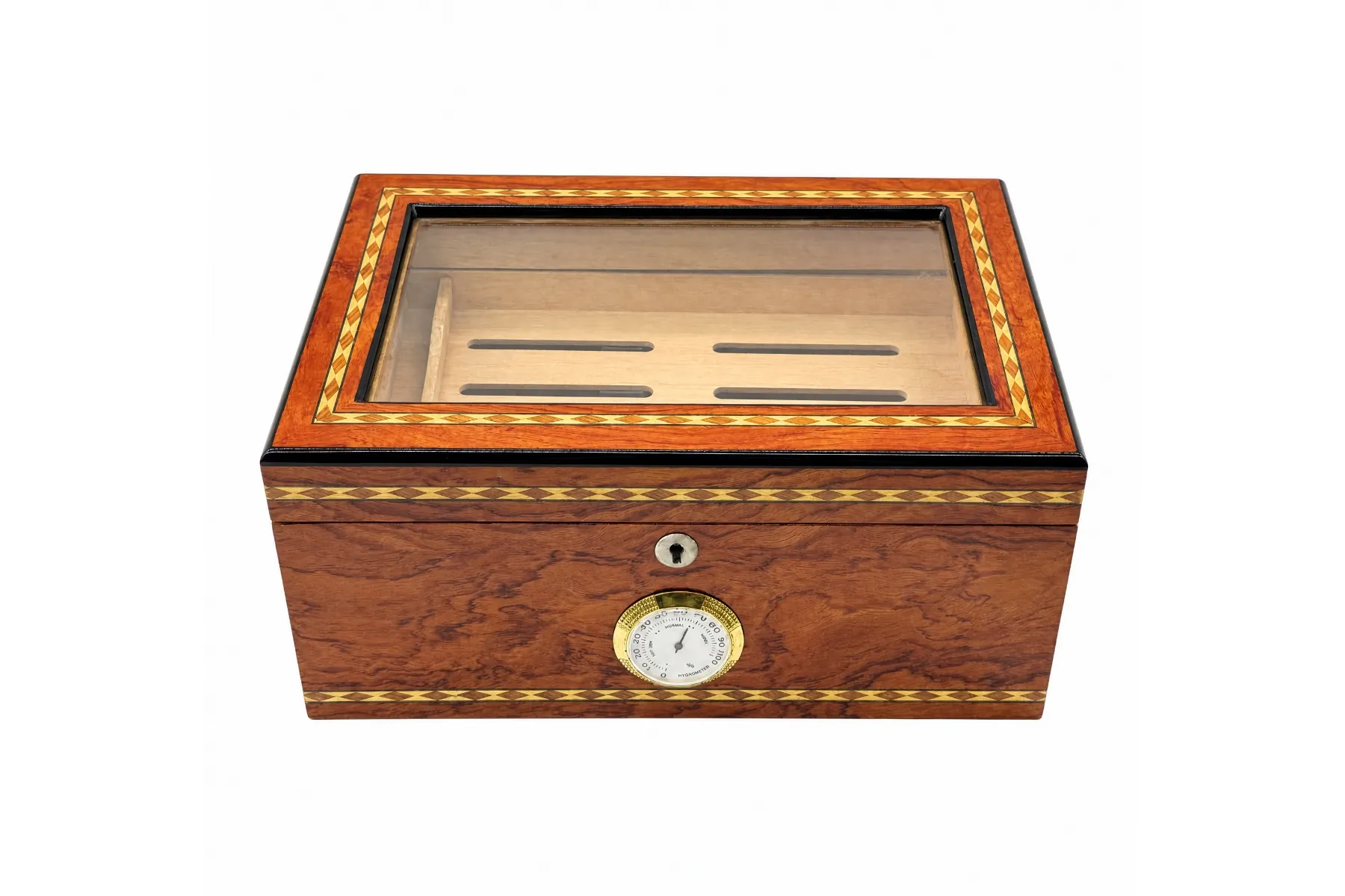 Cigar Humidor — reddish burl diamond marquetry Reddish burl cigar humidor with diamond marquetry bands, glass lid, and analog hygrometer