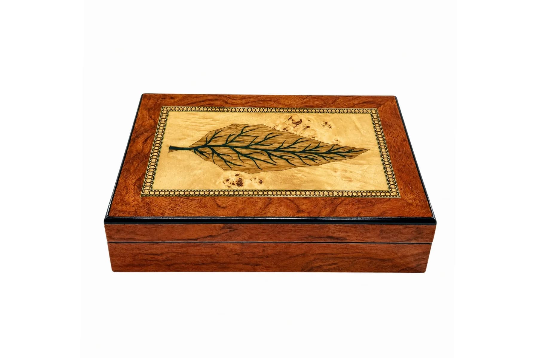 Cigar Humidor — tobacco-leaf marquetry lid Burl wood cigar humidor with tobacco-leaf marquetry inlay on the lid