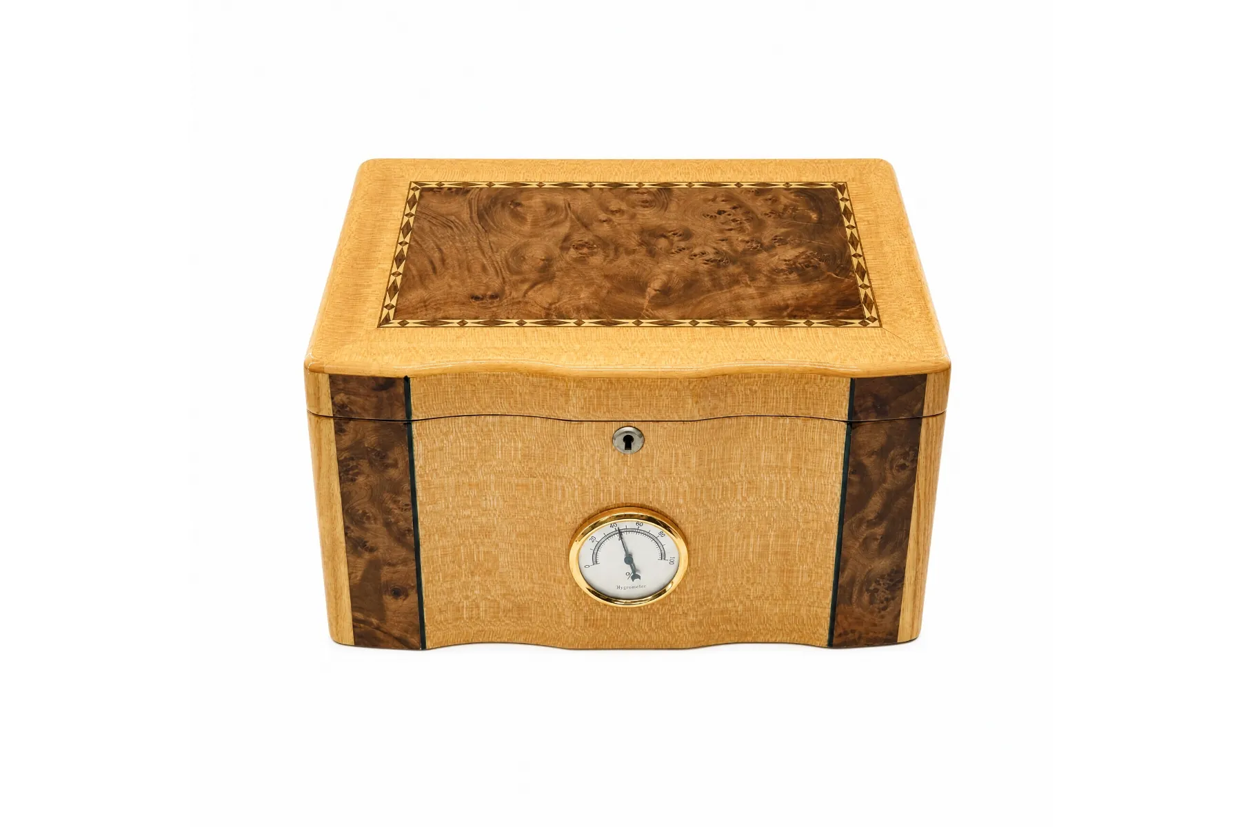 Cigar Humidor — wavy-profile burl model Wavy-profile cigar humidor with burl inlay, geometric marquetry, and analog hygrometer