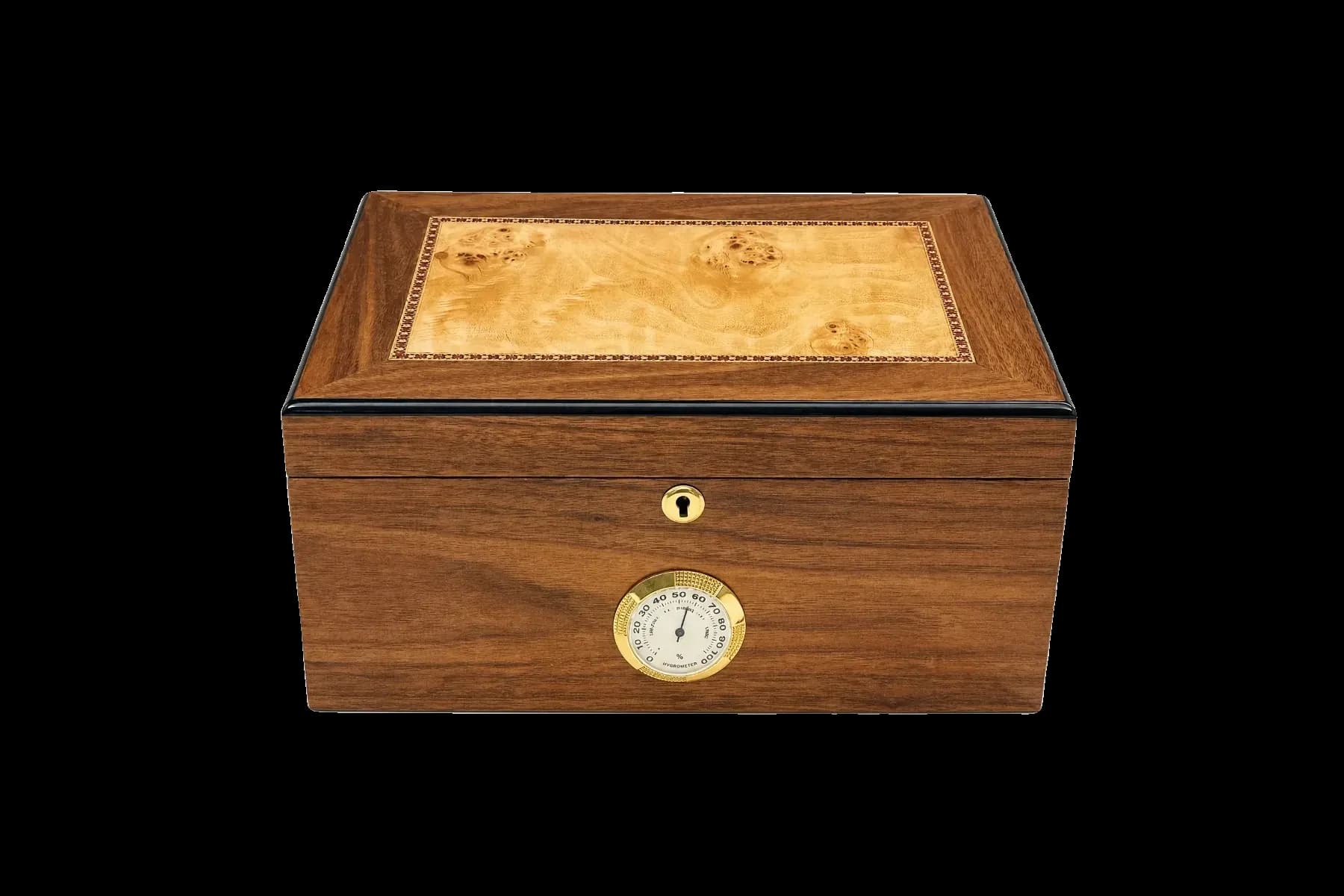 Hardwood cigar humidor with marquetry lid inlay and front-mounted hygrometer Hardwood cigar humidor with marquetry lid inlay and front-mounted hygrometer