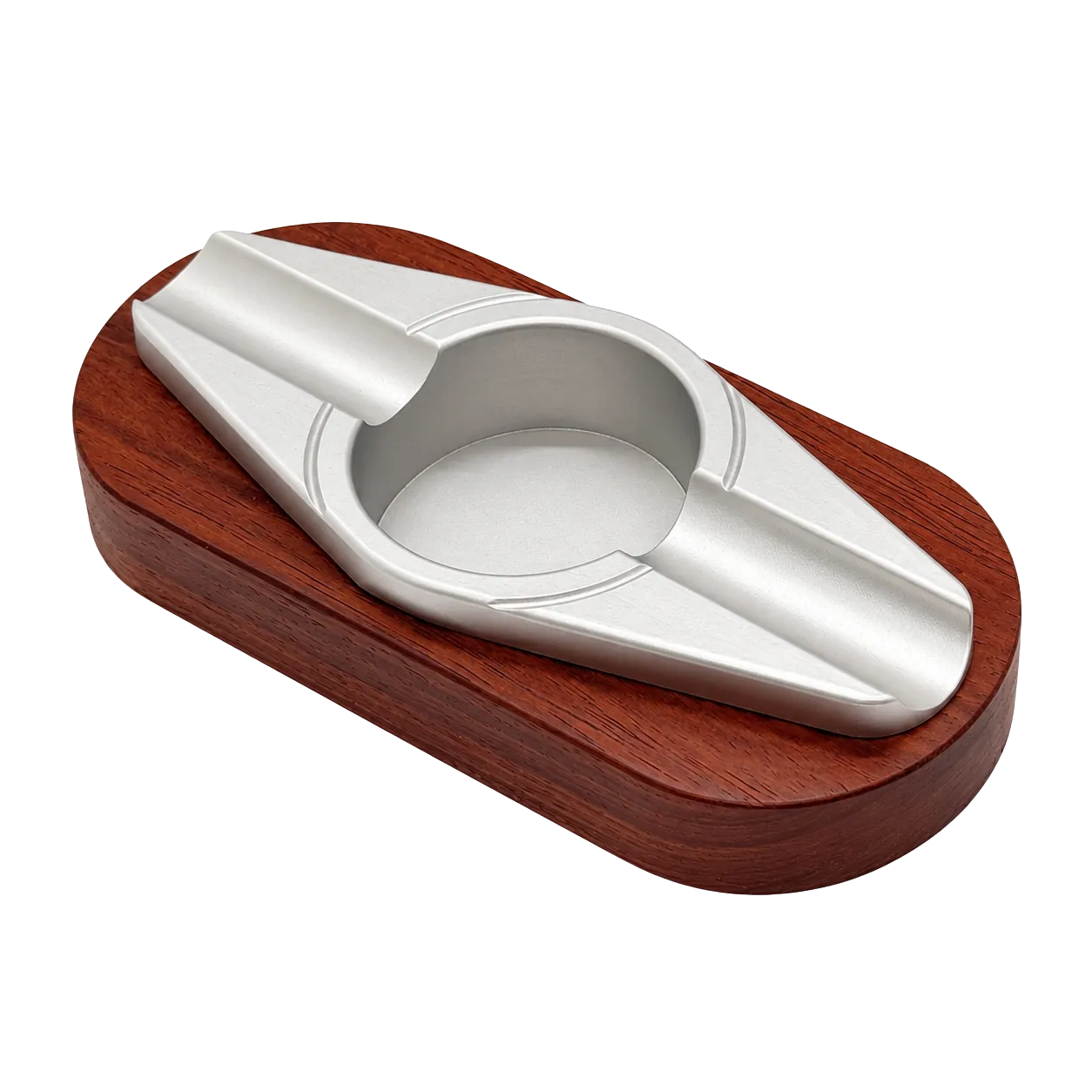 Classic Cigar Ashtray — double-rest silver aluminium insert Double-rest classic hardwood cigar ashtray with a silver-finish aluminium insert for OEM programmes