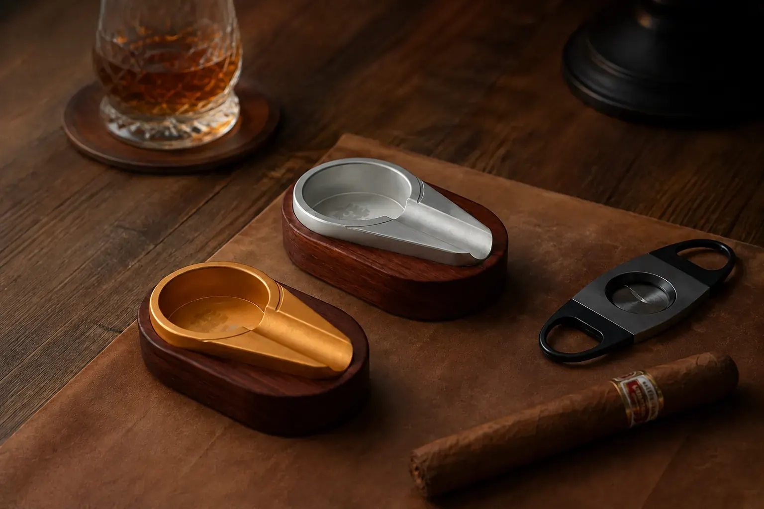 Gold- and silver-finish aluminium classic cigar ashtrays staged for high-end retail presentation Gold- and silver-finish aluminium classic cigar ashtrays staged for high-end retail presentation