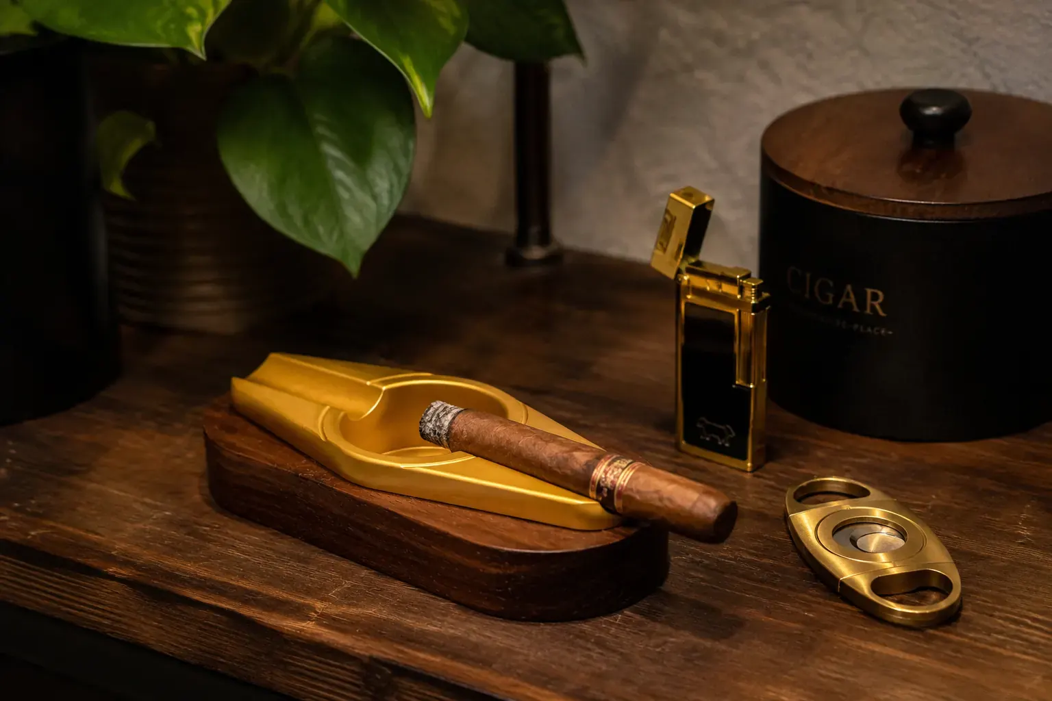 Gold-finish aluminium insert on a classic hardwood cigar ashtray with cigar, lighter, and cutter Gold-finish aluminium insert on a classic hardwood cigar ashtray with cigar, lighter, and cutter