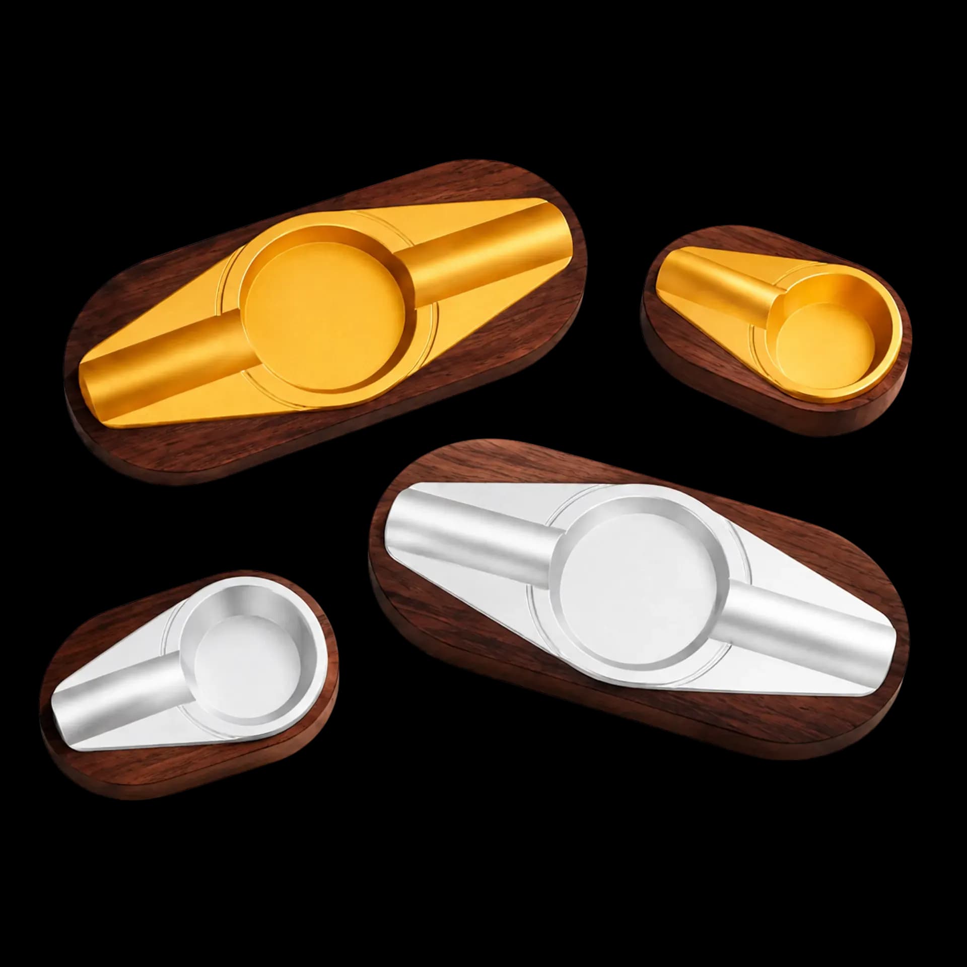 High-end classic hardwood cigar ashtrays with gold and silver aluminium inserts, single-rest and double-rest High-end classic hardwood cigar ashtrays with gold and silver aluminium inserts, single-rest and double-rest