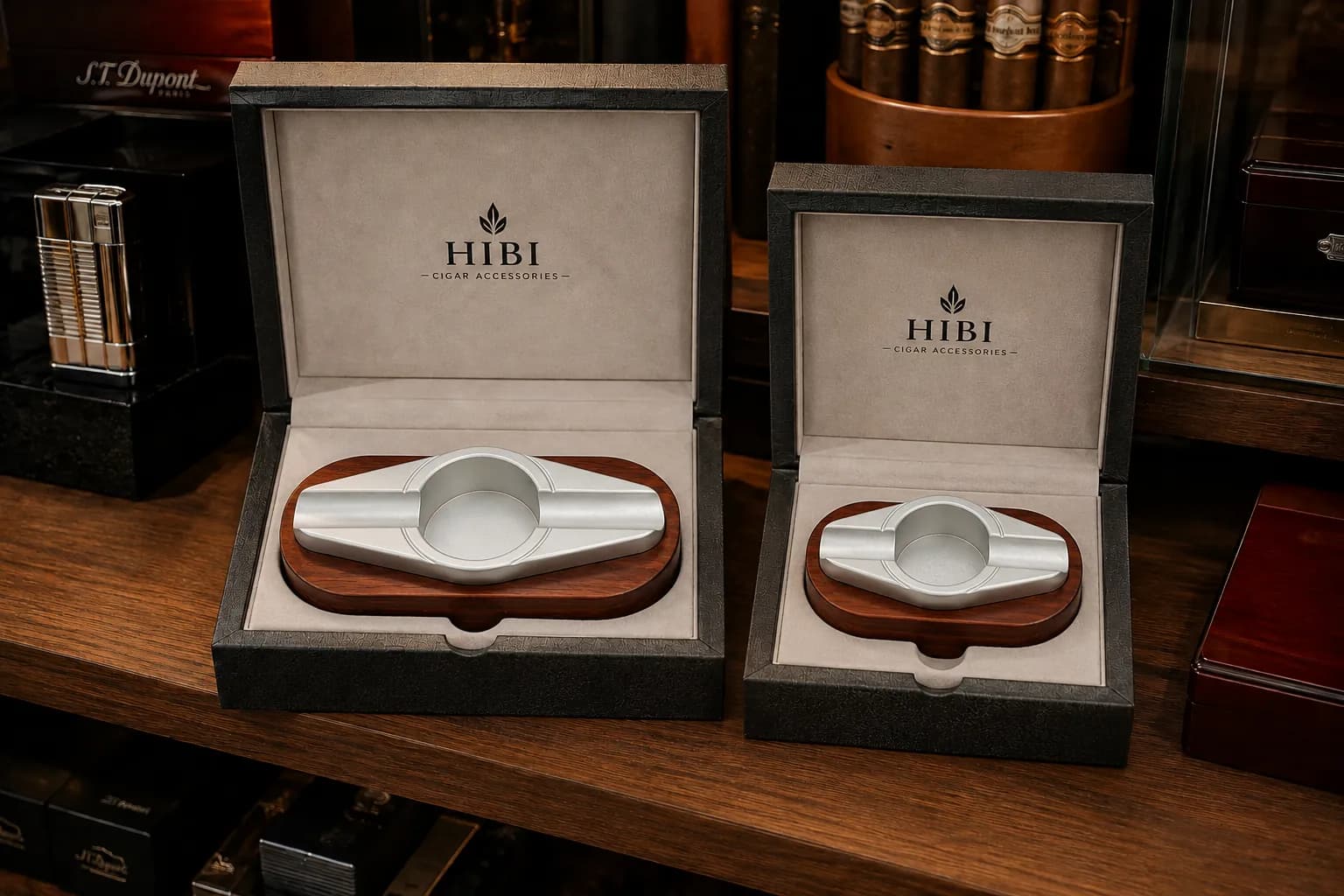 Classic hardwood cigar ashtrays with silver aluminium inserts presented in branded gift boxes for retail programmes Classic hardwood cigar ashtrays with silver aluminium inserts presented in branded gift boxes for retail programmes