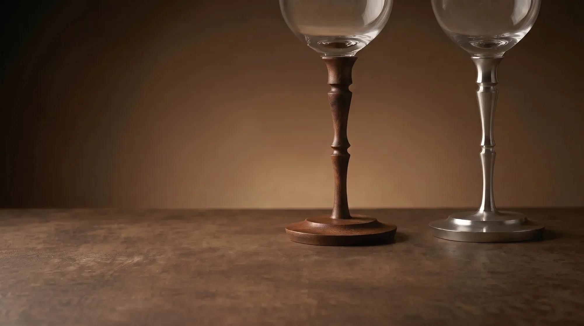 Crystal stemmed glass with hardwood stem in a hospitality setting Crystal stemmed glass with hardwood stem in a hospitality setting