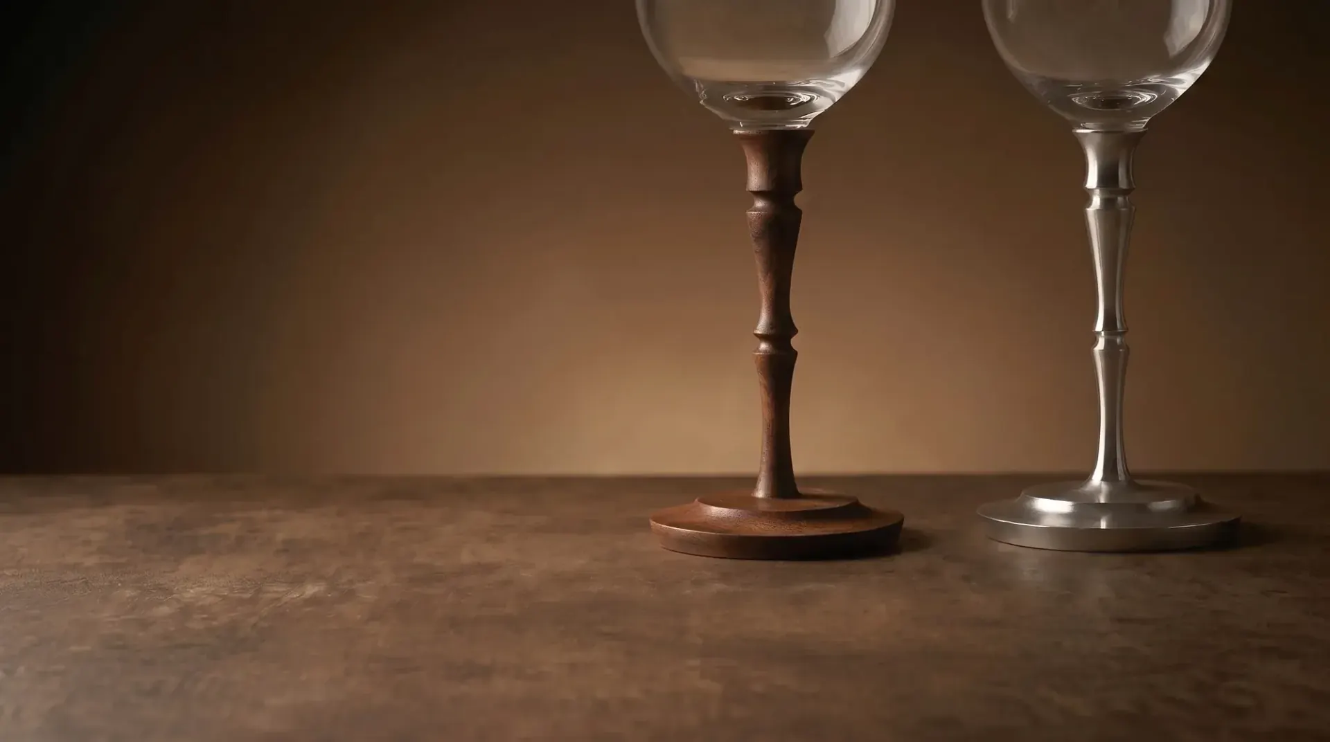 Crystal stemmed glass with hardwood stem in a hospitality setting Crystal stemmed glass with hardwood stem in a hospitality setting