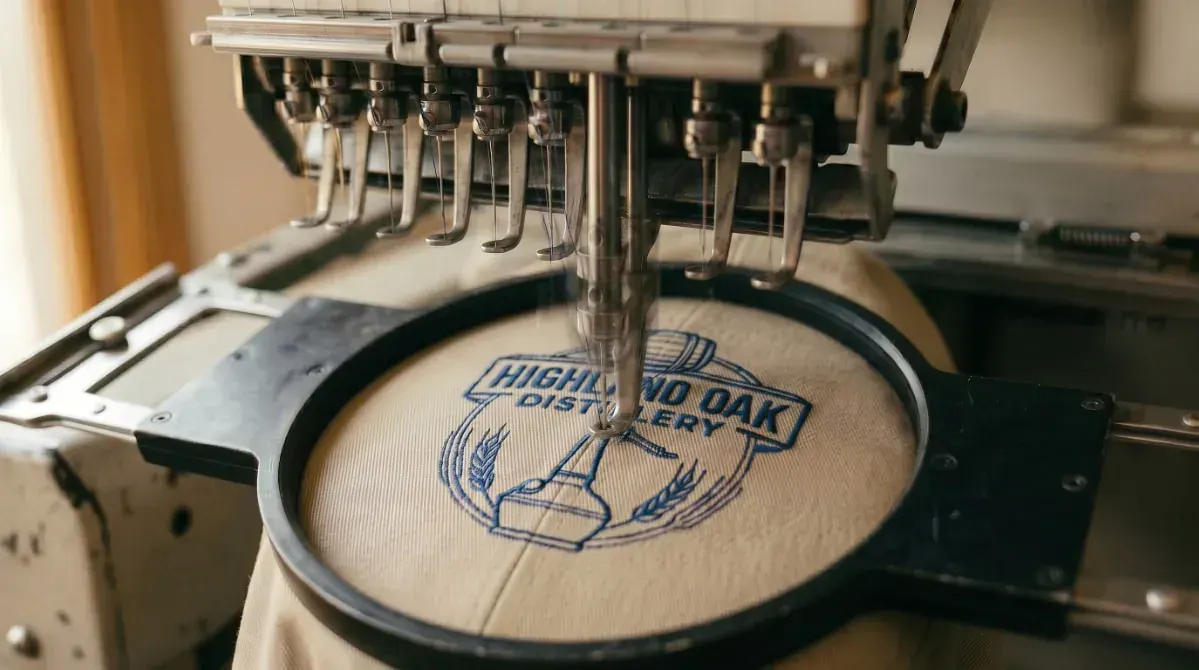 Embroidery detail —logo stitched on custom baseball cap Embroidery detail —logo stitched on custom baseball cap