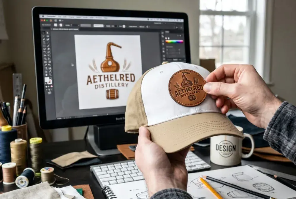 Logo embroidery in progress on a custom baseball cap Logo embroidery in progress on a custom baseball cap
