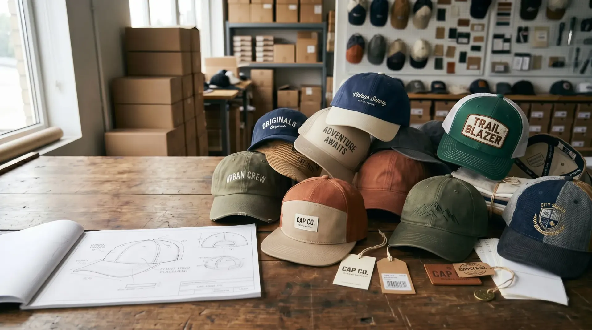 Row of custom embroidered baseball caps with brand logos on cotton twill Row of custom embroidered baseball caps with brand logos on cotton twill