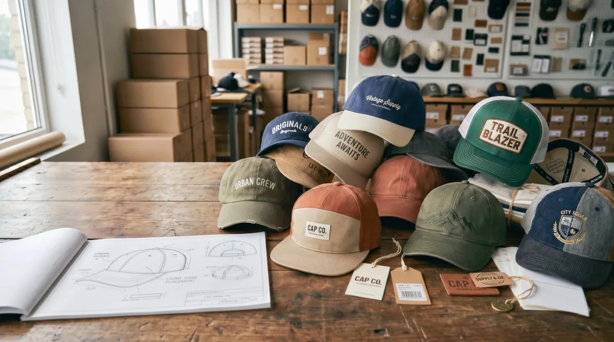 Row of custom embroidered baseball caps with brand logos on cotton twill