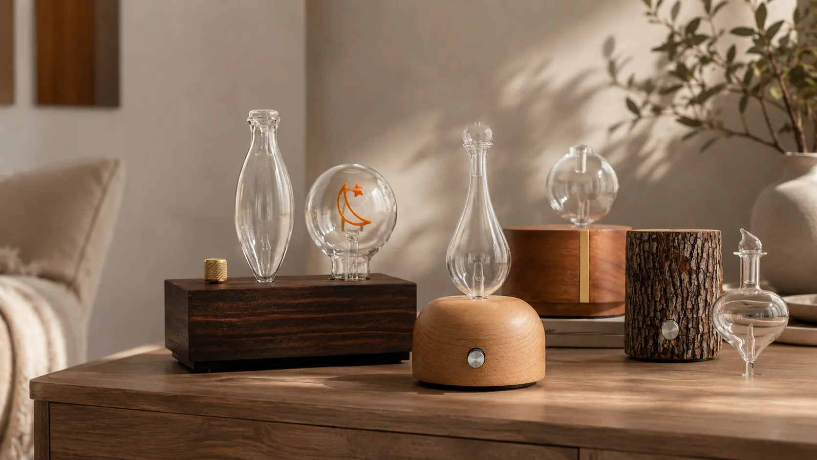Wood-and-glass dual-fluid aroma diffusers on a dark table for corporate gift and hospitality programmes Wood-and-glass dual-fluid aroma diffusers on a dark table for corporate gift and hospitality programmes