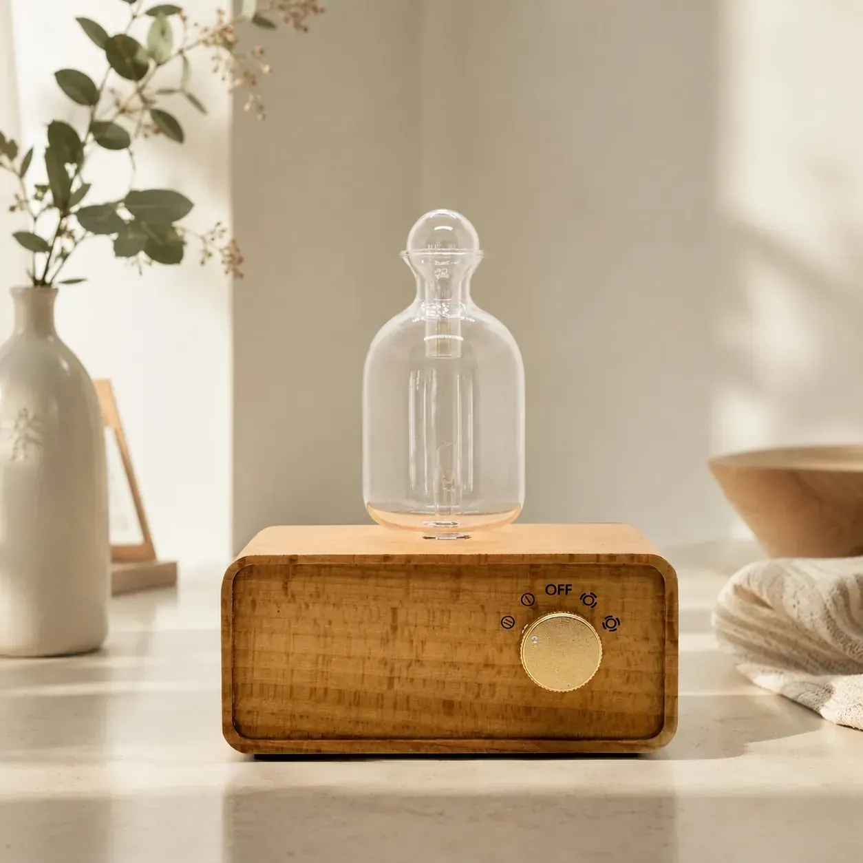 Dual-Fluid Aroma Diffuser — bottle reservoir and gold dial Light wood dual-fluid aroma diffuser with glass bottle reservoir and gold control dial