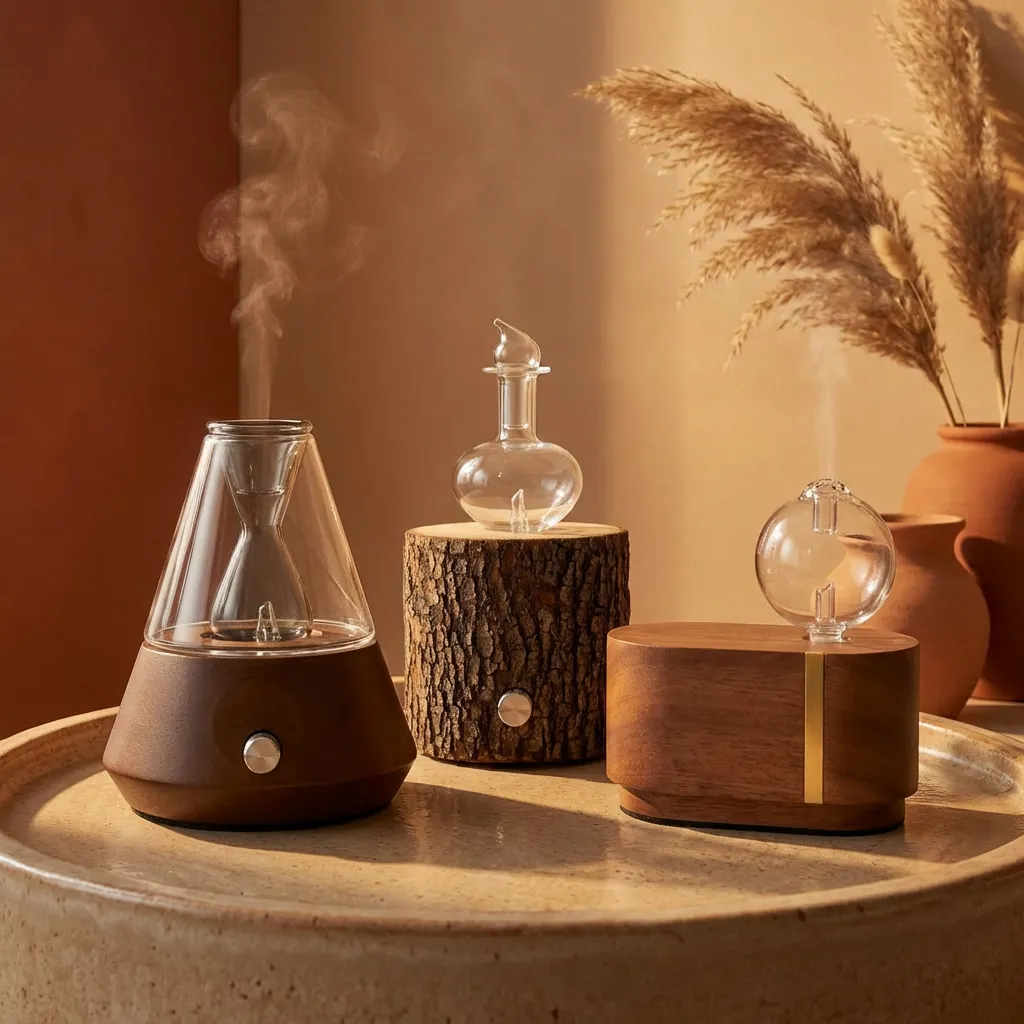 Dark wood dual-fluid aroma diffuser with oval glass vessel and moon-filament sphere