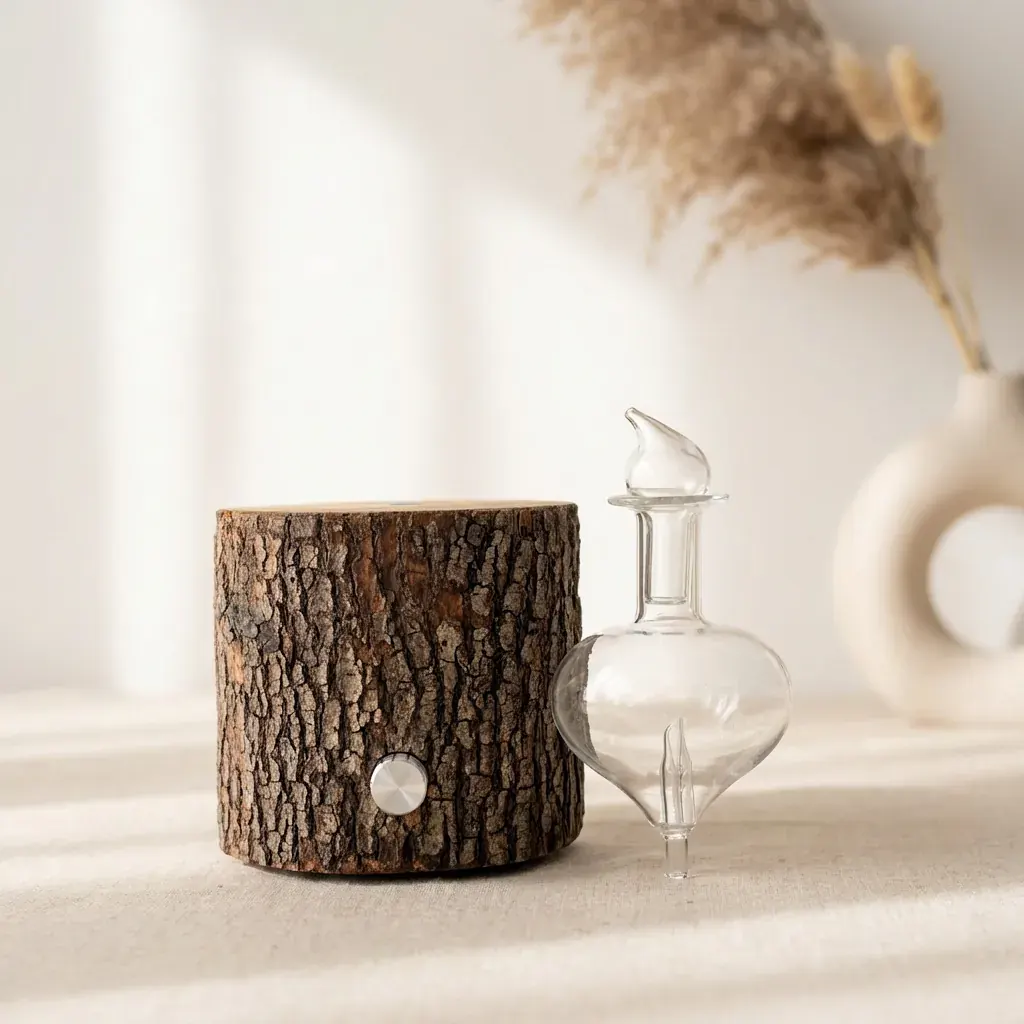 Dual-Fluid Aroma Diffuser — bark wood base and glass flask Natural bark wood dual-fluid aroma diffuser with teardrop glass flask and stopper