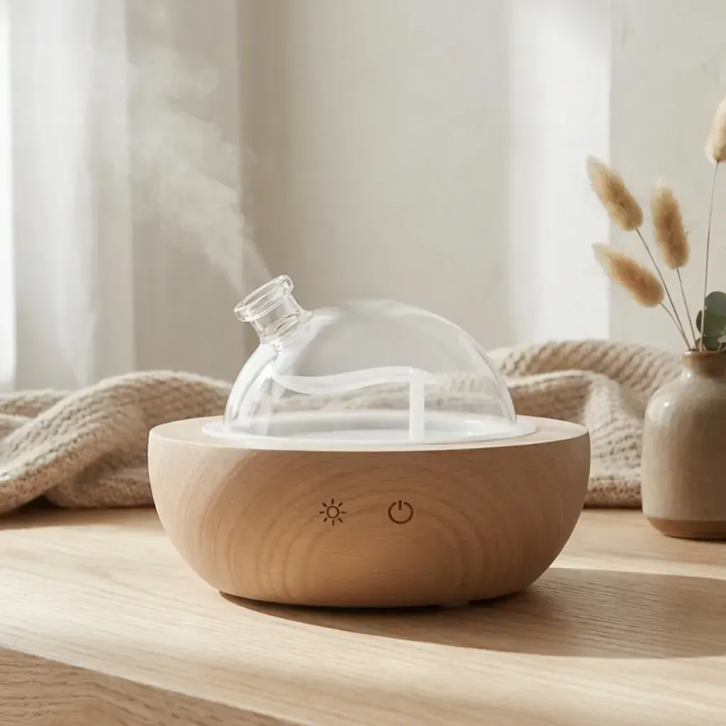 Dual-Fluid Aroma Diffuser — glass dome with mist Light wood dual-fluid aroma diffuser with glass dome releasing aromatic mist