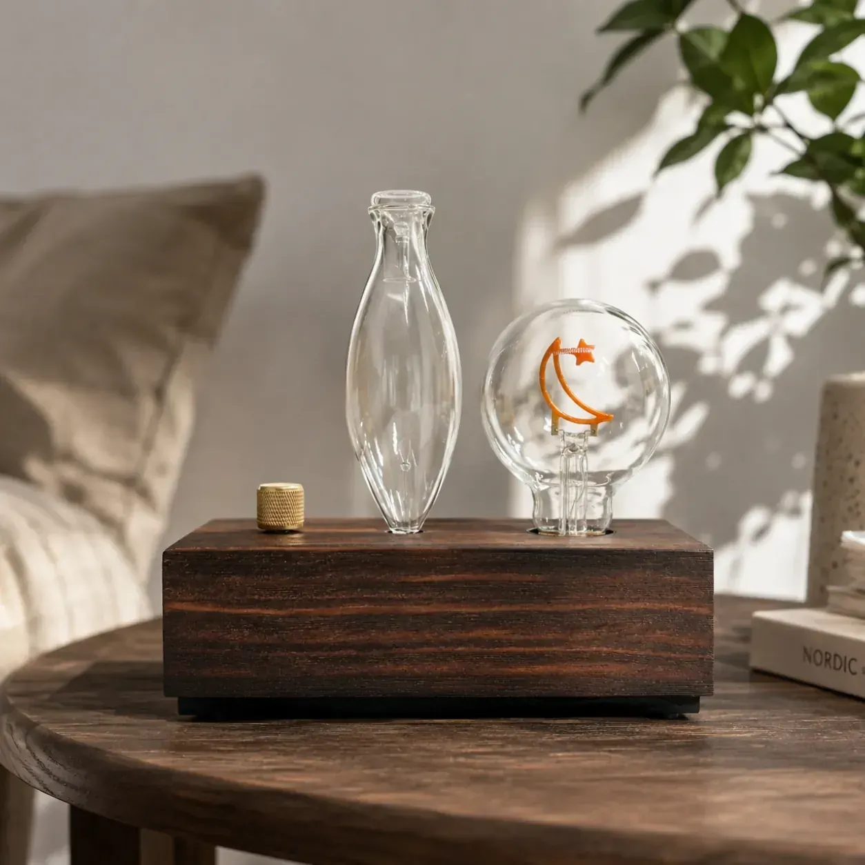 Dual-Fluid Aroma Diffuser — oil vial and filament accent Dark wood dual-fluid aroma diffuser with glass oil vial and illuminated filament accent