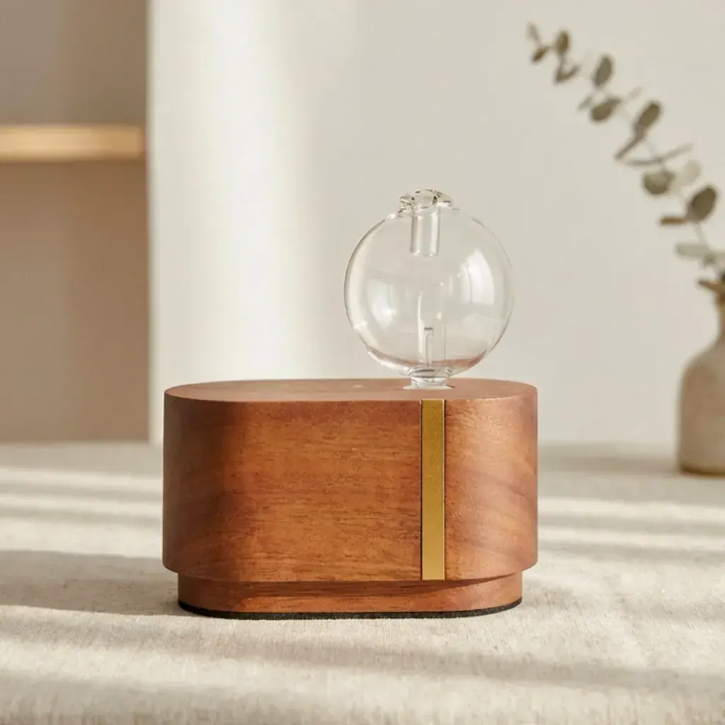 Dual-Fluid Aroma Diffuser — oval base and spherical glass Oval hardwood dual-fluid aroma diffuser with spherical glass bulb and metal accent