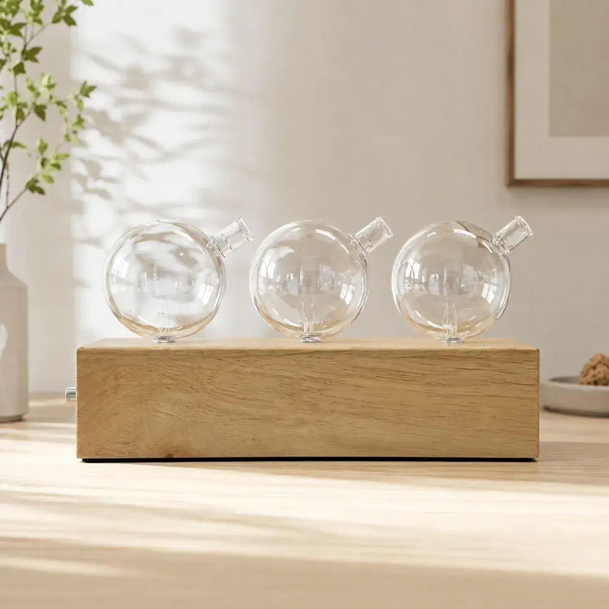 Dual-Fluid Aroma Diffuser — three-chamber glass vessels Three-chamber dual-fluid aroma diffuser with light wood base and spherical glass vessels