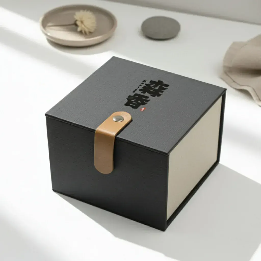 Edo Kiriko Glassware — OEM presentation packaging Charcoal and beige Morika gift box with leather clasp for branded Edo Kiriko programmes
