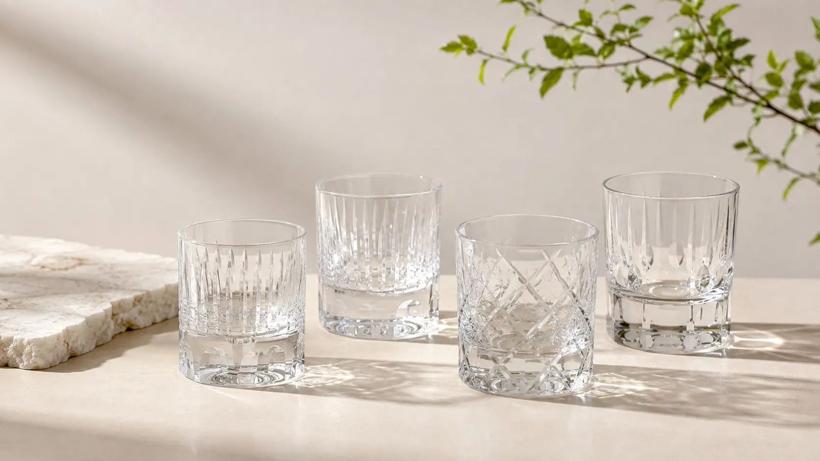 Four hand-cut Edo Kiriko crystal tumblers on a stone surface, each with a different cut pattern Four hand-cut Edo Kiriko crystal tumblers on a stone surface, each with a different cut pattern