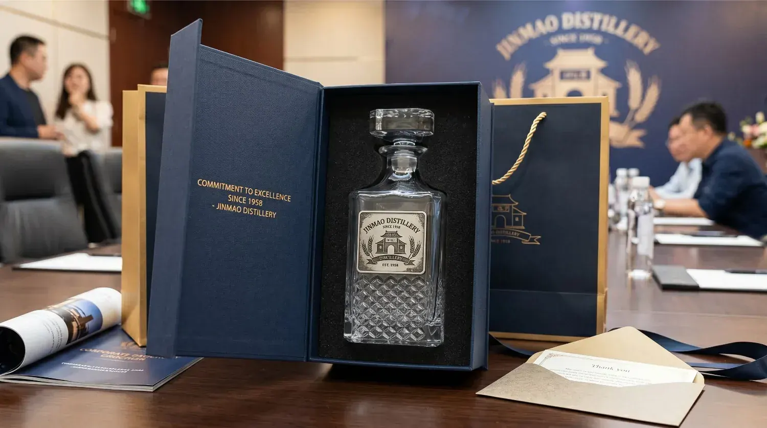 Corporate gift set with engraved decanter and tumblers in branded packaging Corporate gift set with engraved decanter and tumblers in branded packaging