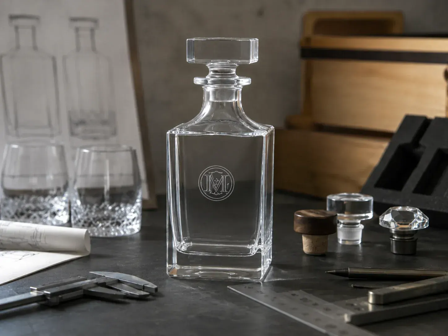 Sample glass decanters showing logo engraving and packaging customisation options Sample glass decanters showing logo engraving and packaging customisation options