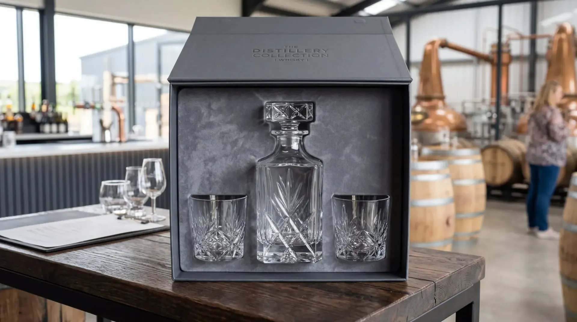 Cut-crystal decanter with matching stopper and tumblers Cut-crystal decanter with matching stopper and tumblers