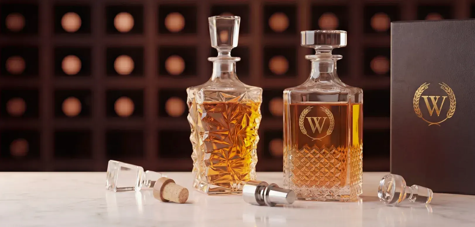 High-clarity glass decanter on display for wholesale buyers High-clarity glass decanter on display for wholesale buyers