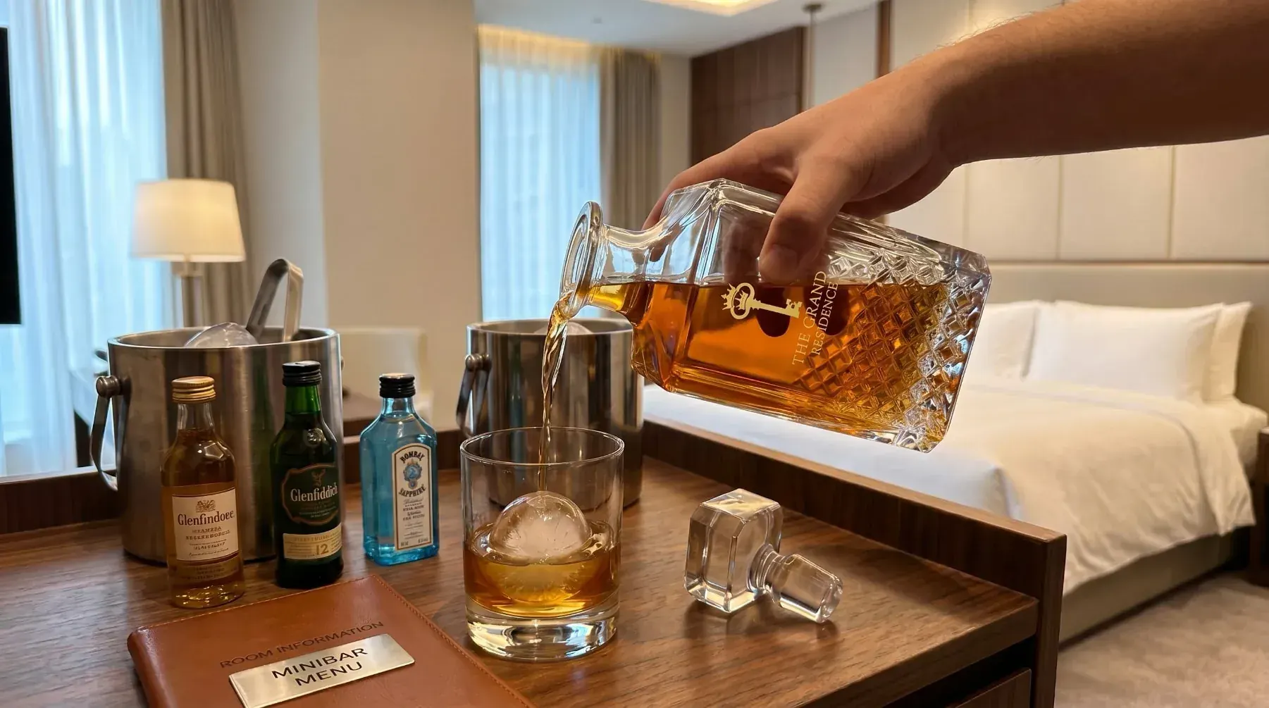 Crystal decanter poured at a hotel bar during evening service Crystal decanter poured at a hotel bar during evening service