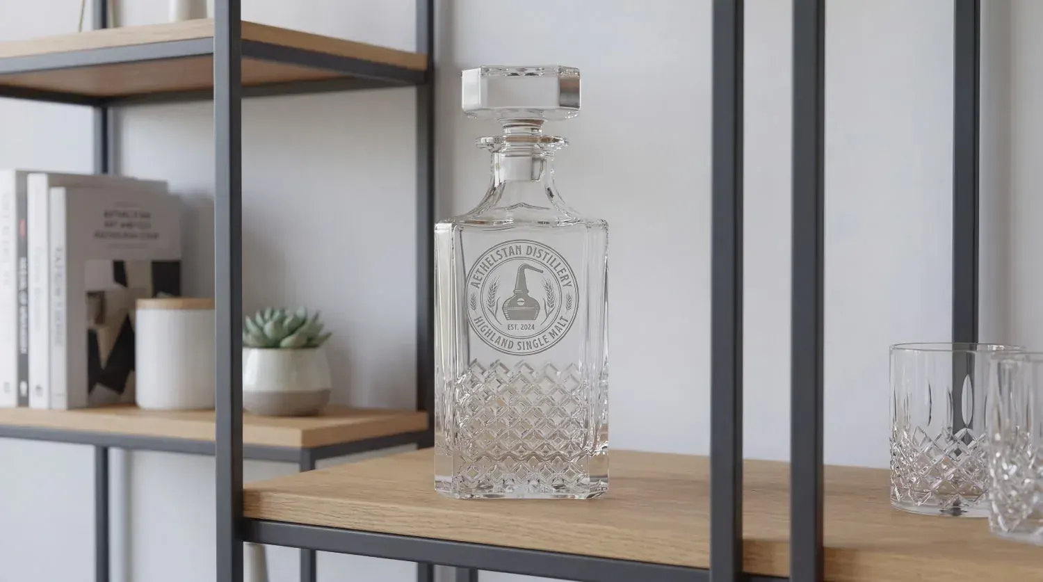 Crystal decanter pouring whiskey into a faceted tumbler Crystal decanter pouring whiskey into a faceted tumbler